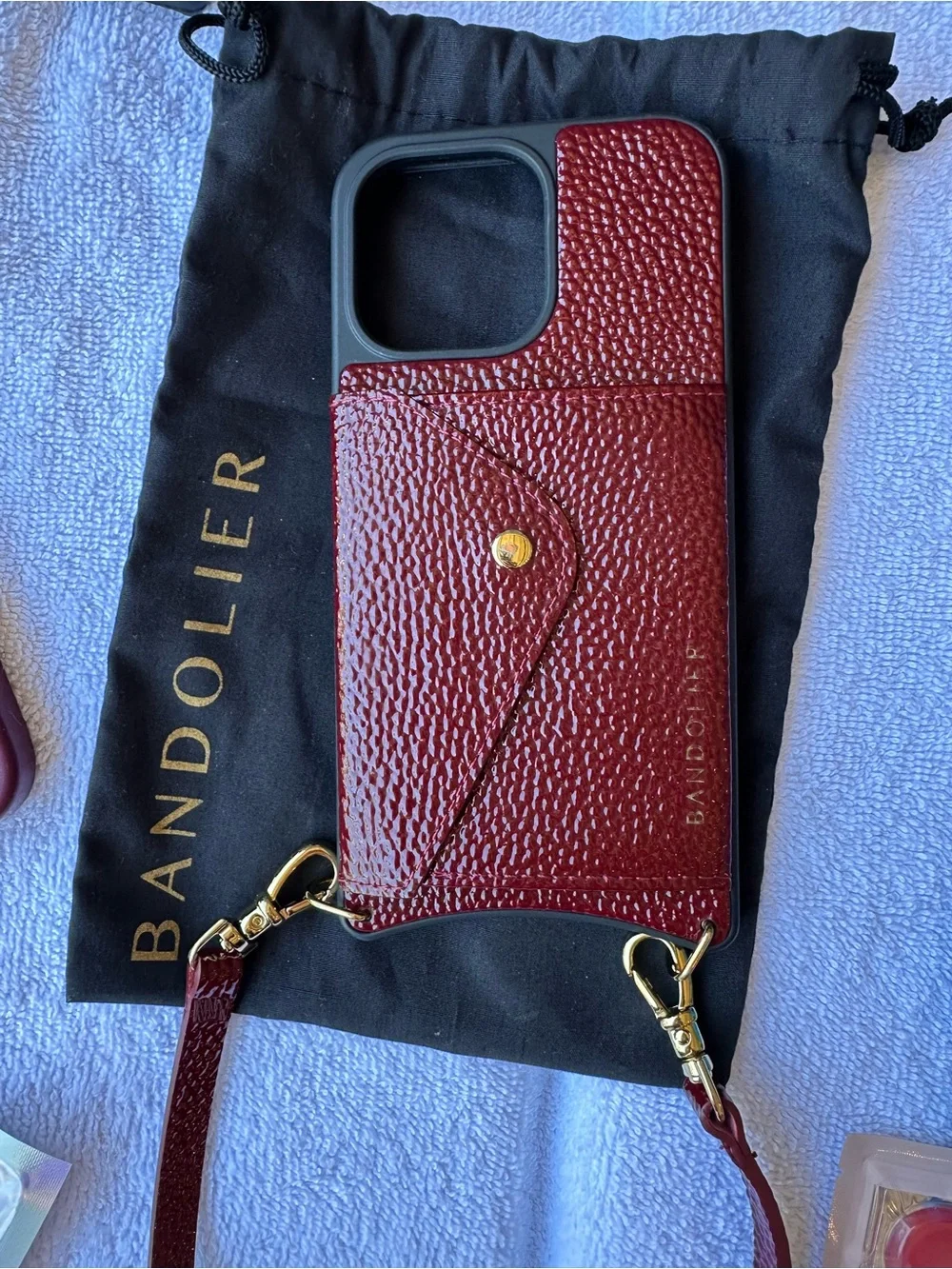 Bandolier Textured Leather Phone Case w/ Card Pocket, Strap & Gold Hand Strap